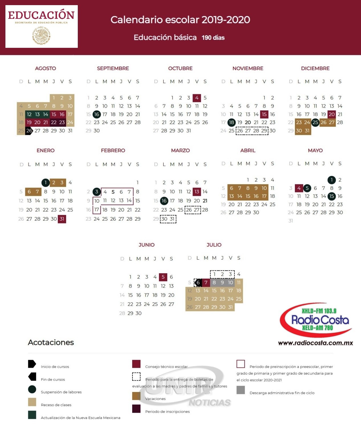 Infografia Calendario Escolar 2019 2020 Radio Costa 103.9 FM / 780 AM
